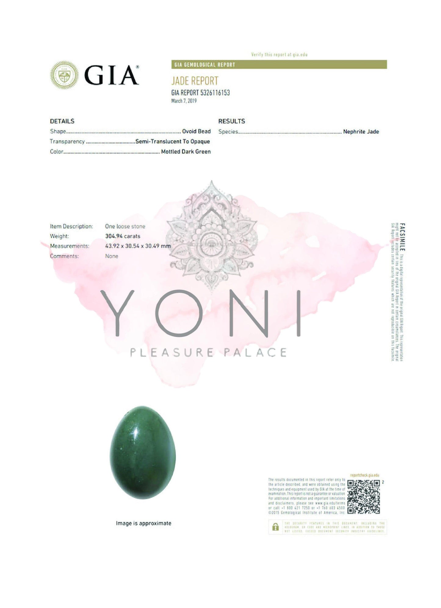 Nephrite Jade Yoni Egg - GIA Certified