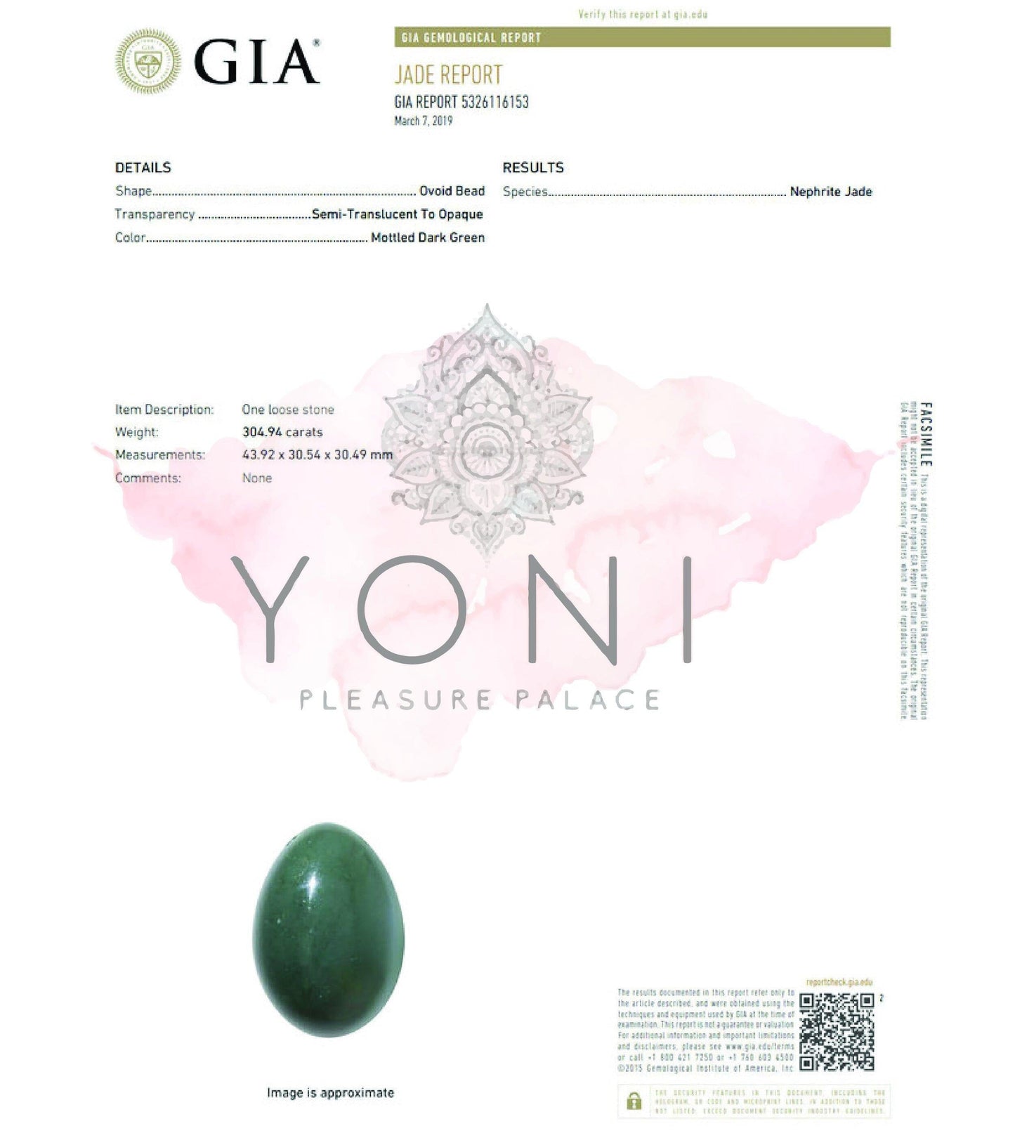 Nephrite Jade Yoni Egg - GIA Certified